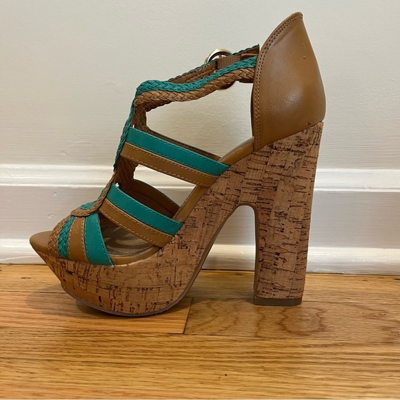 BCBGeneration Sanford Teal & Cognac Cork Platform Open Toe Sandals Size 6.5B - Picture 4 of 16